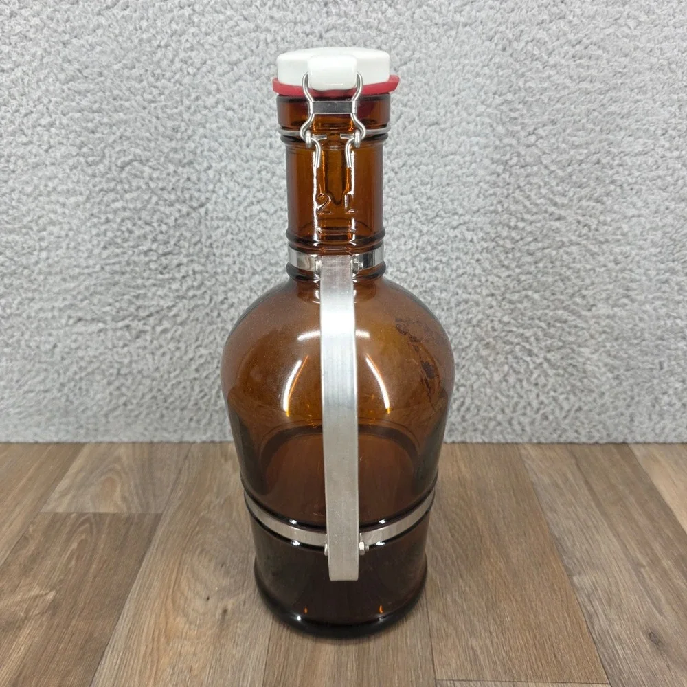 Vintage Amber Glass Beer Growler with Metal Handle and Swing Top Lid 12.5